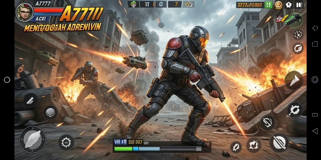 Tangkapan layar gameplay A7777 menunjukkan pertarungan mendebarkan.