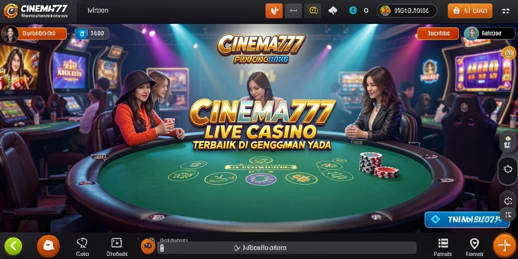 Screenshot gameplay CINEMA777 yang menggambarkan aksi dealer profesional dan suasana kasino yang realistis.