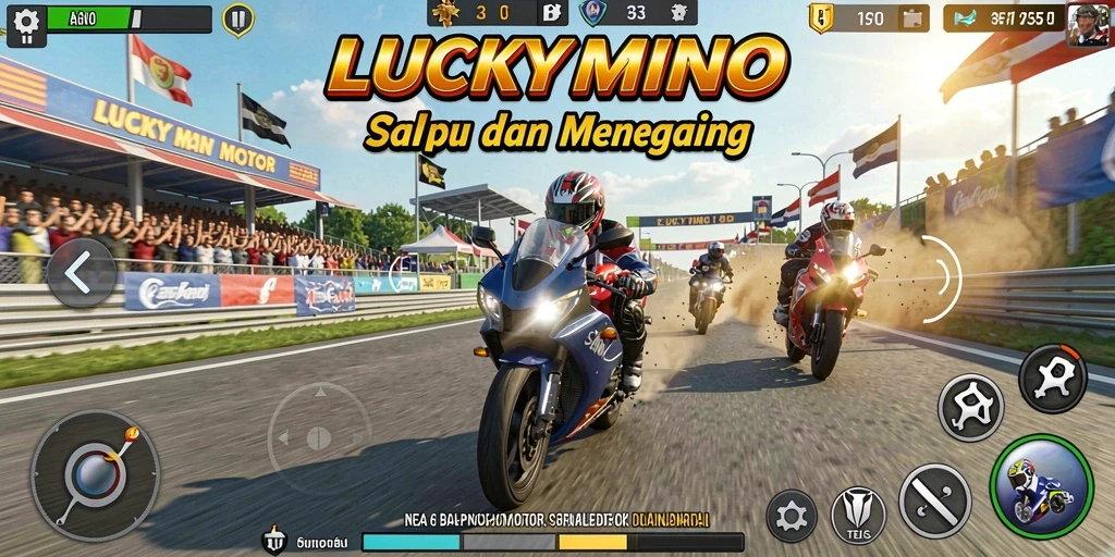 Tangkapan layar gameplay LUCKYMINO menampilkan balapan motor yang penuh aksi.